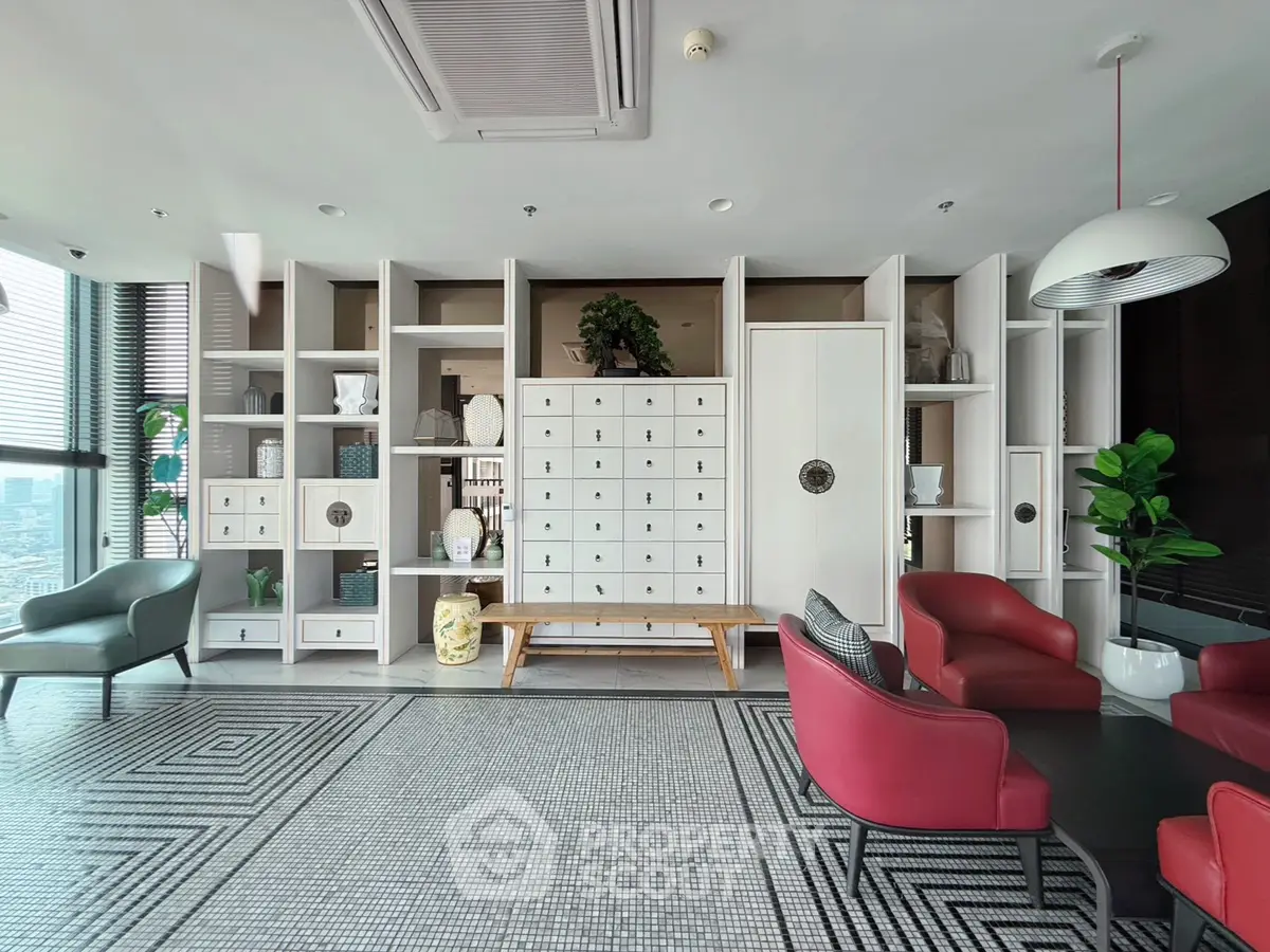 Luxurious modern living room with stylish furniture and decorative shelving