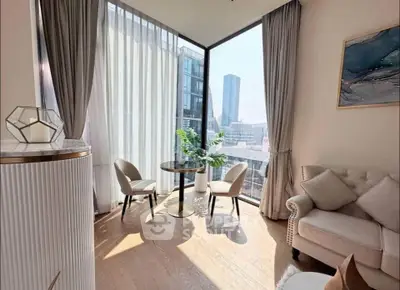 Luxurious living room with floor-to-ceiling windows and stunning city view