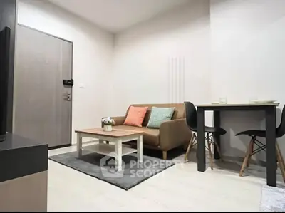 Modern living room with cozy sofa and dining area in stylish apartment