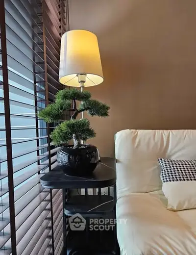 Cozy living room corner with elegant lamp and bonsai on side table.