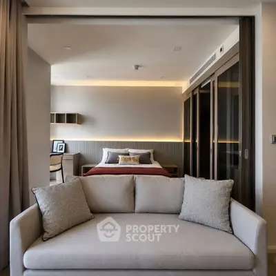 Modern studio apartment with stylish living area and cozy bedroom, featuring elegant decor and ambient lighting.