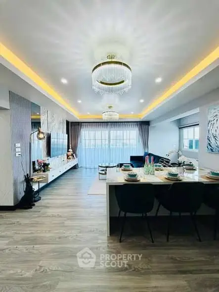 Luxurious modern living room with elegant dining area and stylish decor