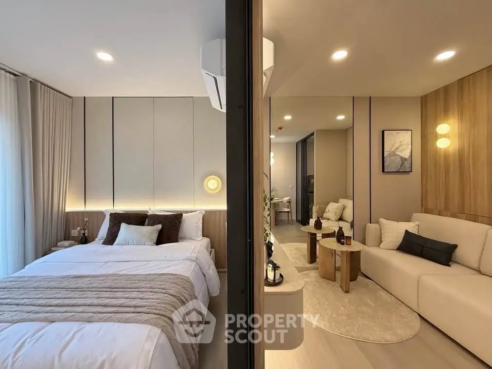 Modern apartment interior with cozy bedroom and stylish living room, featuring elegant decor and warm lighting.