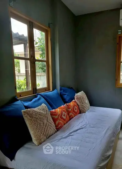Cozy small living room with plush pillows and natural light