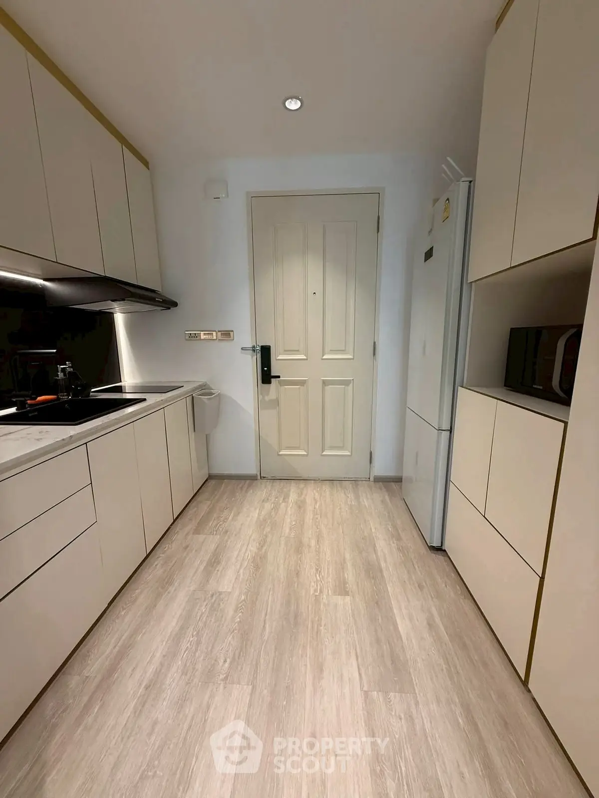 Modern kitchen with sleek cabinetry and wood flooring