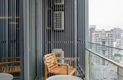 Modern balcony with city view and stylish wooden furniture