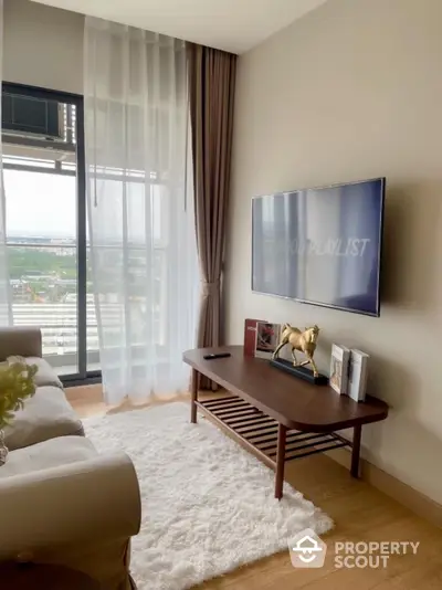 Modern living room with stylish decor and city view through large window