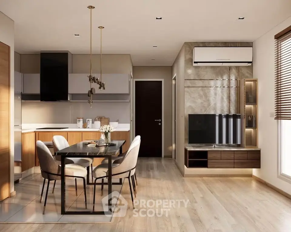 Modern open-plan living room and kitchen with elegant dining area and stylish decor.