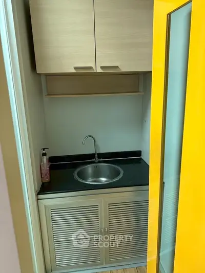 Compact kitchen area with modern sink and storage cabinets, ideal for small apartments.