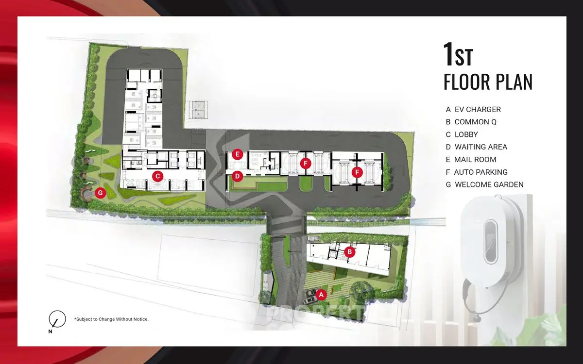 First floor plan with EV charger, lobby, mail room, and welcome garden.