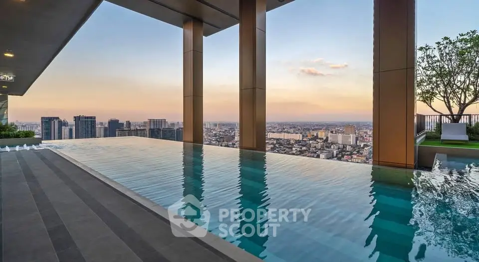 Luxurious rooftop infinity pool with stunning city skyline view at sunset.