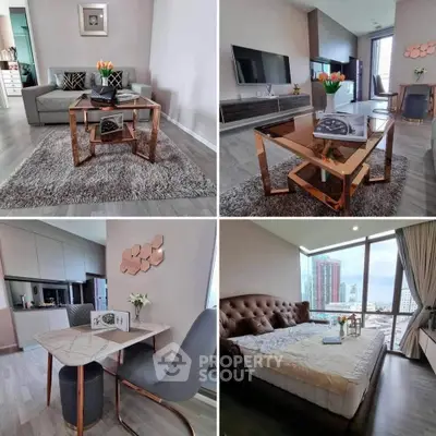Modern apartment interior with stylish living room, cozy bedroom, and sleek kitchen design.