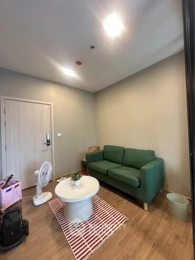 Cozy living room with green sofa and modern decor