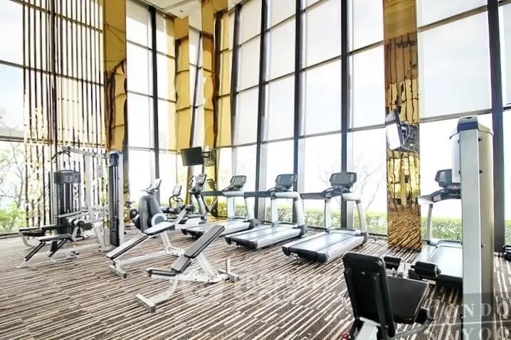 Luxurious high-rise gym with modern equipment and floor-to-ceiling windows offering stunning views.