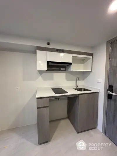 Modern compact kitchen with sleek cabinetry and induction cooktop in a minimalist design.