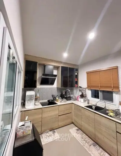Modern kitchen with sleek cabinets and ample counter space in a stylish home.