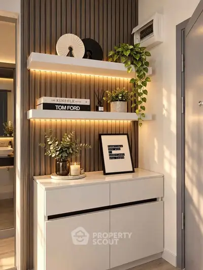 Stylish modern entryway with decorative shelves and ambient lighting