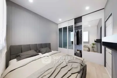 Modern bedroom with sleek design and ample closet space