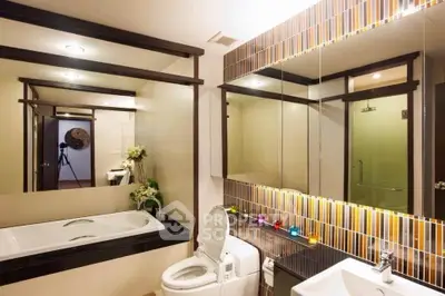 Luxurious bathroom with modern fixtures and elegant bathtub, perfect for relaxation.