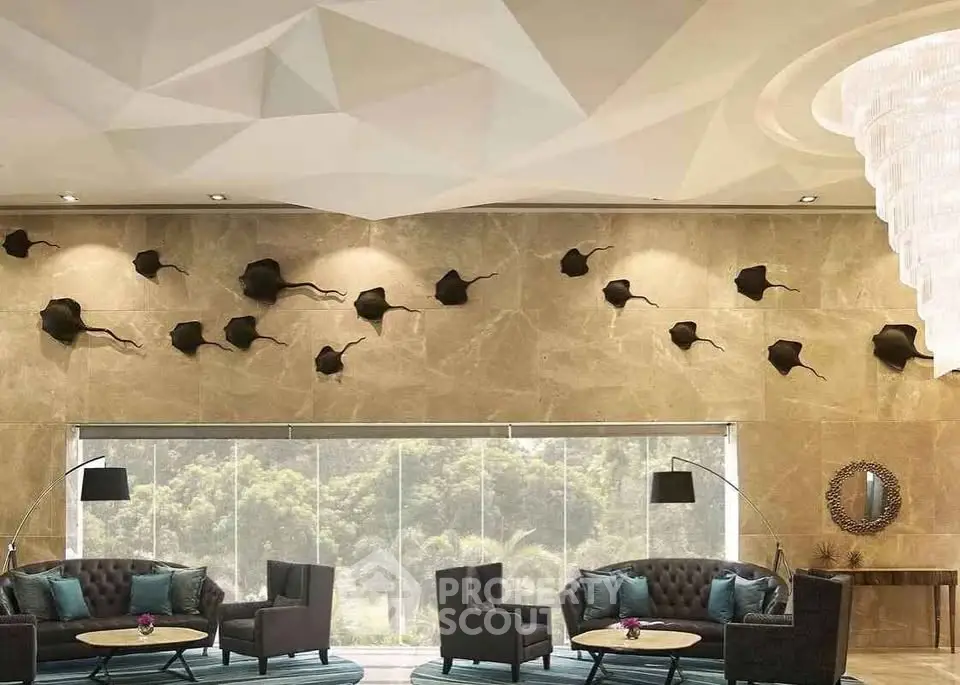 Luxurious living room with unique wall art and elegant seating area.