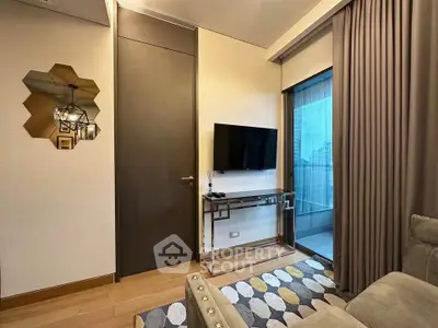 Modern living room with stylish decor and balcony view in a high-rise apartment.