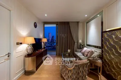 Luxurious living room with elegant decor and city view, featuring stylish furniture and ambient lighting.