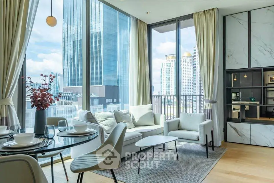 Luxurious modern living room with floor-to-ceiling windows and stunning city view