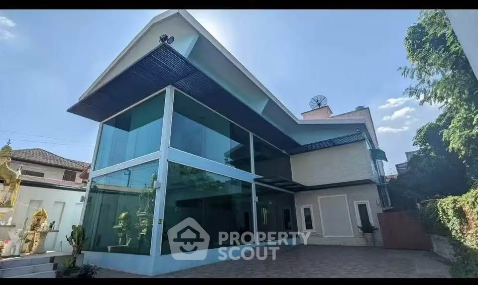 Modern architectural house with large glass windows and sleek design