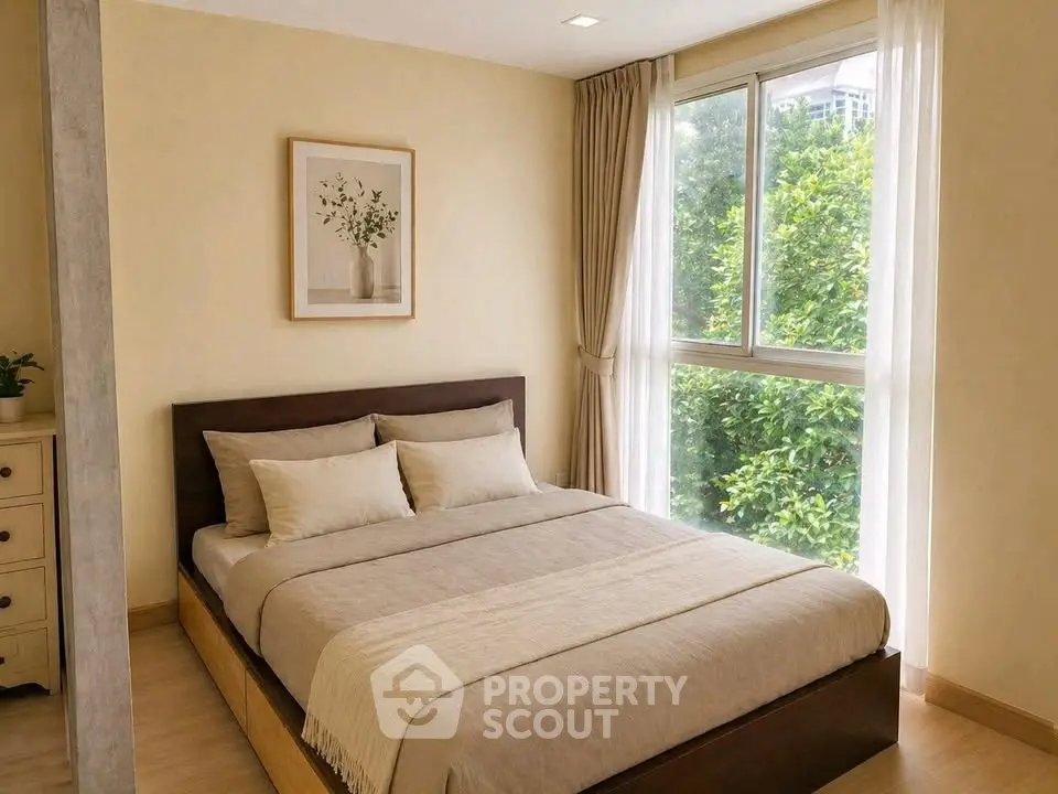 Cozy bedroom with large window and elegant decor, offering a serene view of lush greenery.