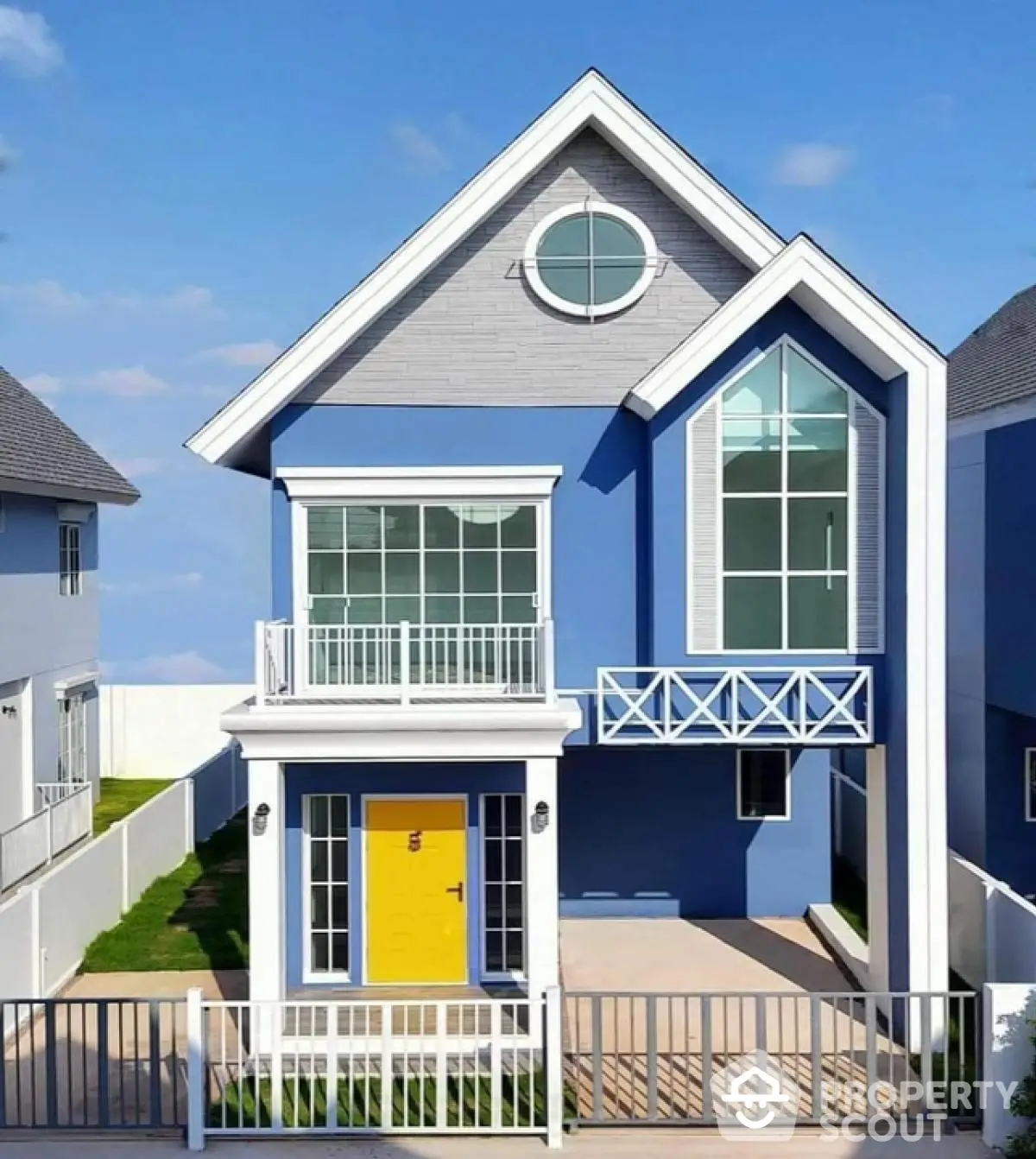 Charming blue two-story house with yellow door and modern balcony design.