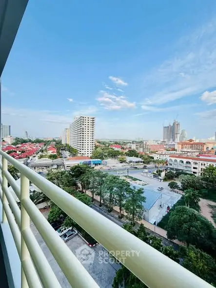 Stunning cityscape view from a high-rise balcony, showcasing urban skyline and vibrant neighborhood.