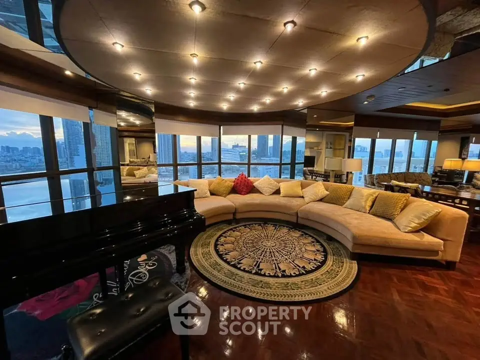 Luxurious living room with panoramic city views, elegant lighting, and a grand piano, perfect for entertaining.