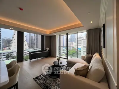 Luxurious modern living room with panoramic city views and elegant furnishings.