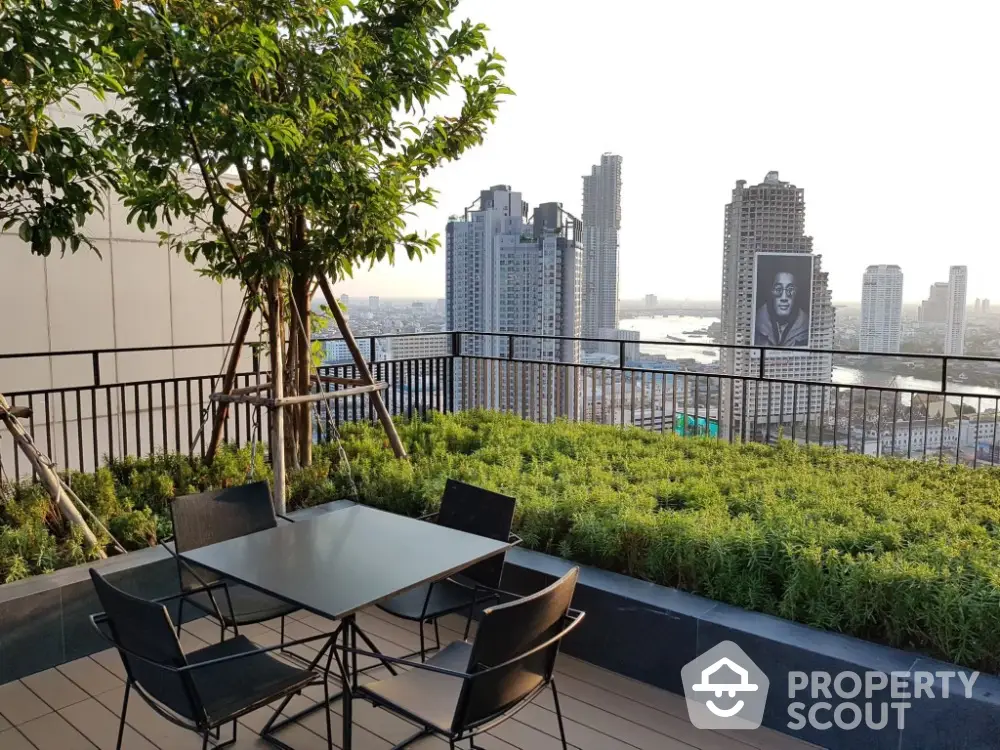 Stunning rooftop garden with city skyline view and outdoor seating area