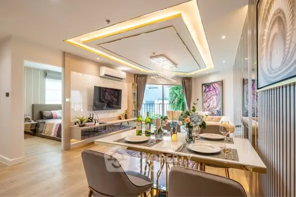Luxurious open-plan living room with elegant dining area and modern decor.