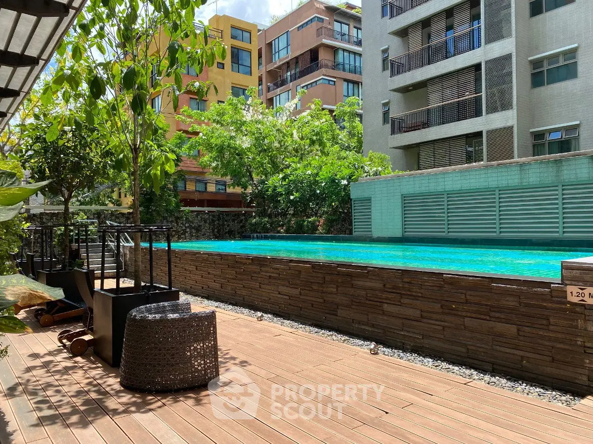 Luxurious urban apartment with a stunning outdoor pool and modern deck area.