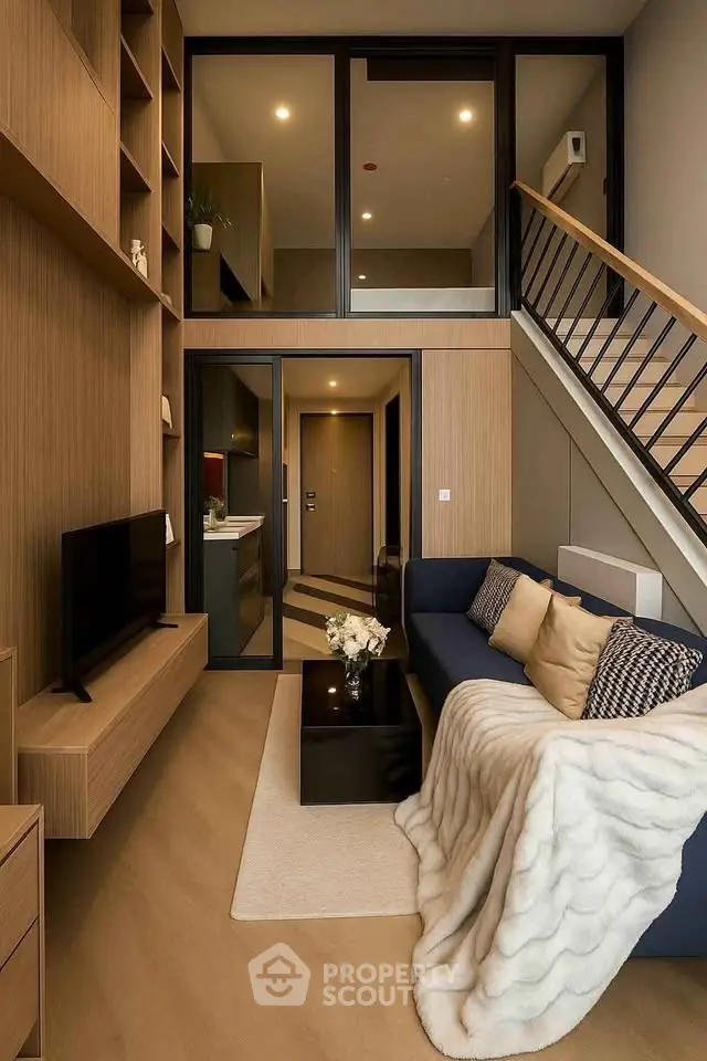 Modern duplex living room with stylish decor and open layout