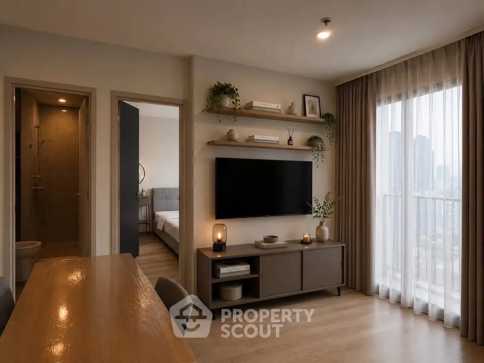 Modern living room with stylish decor and city view, featuring a wall-mounted TV and elegant dining area.