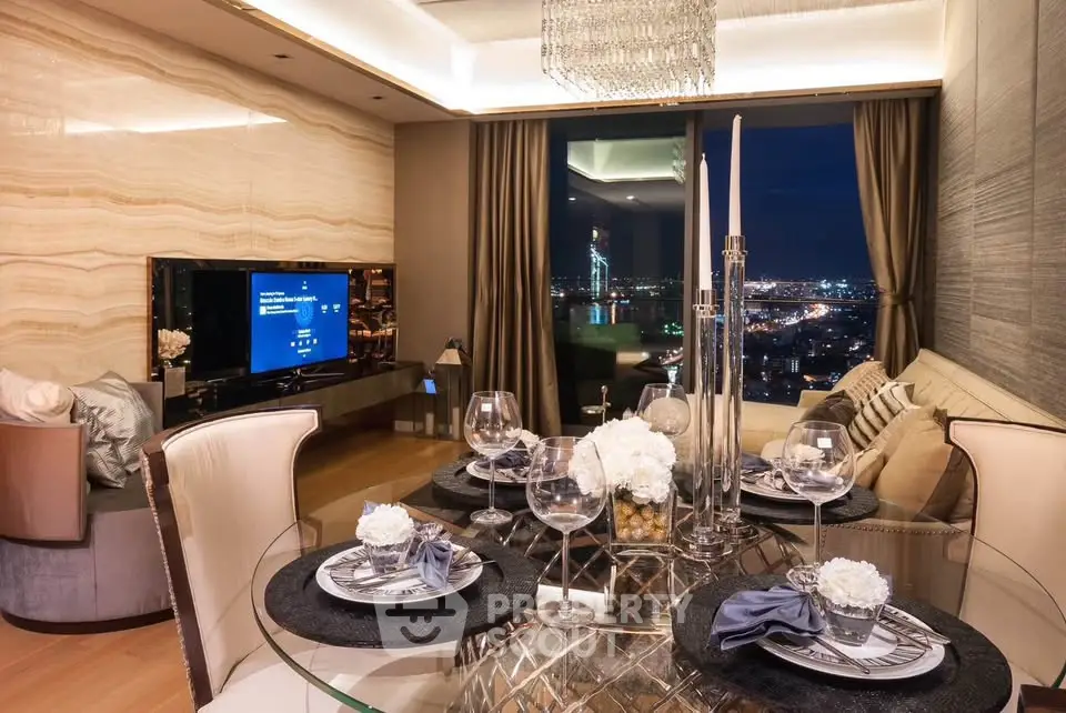 Luxurious modern living room with city view, elegant dining setup, and ambient lighting.