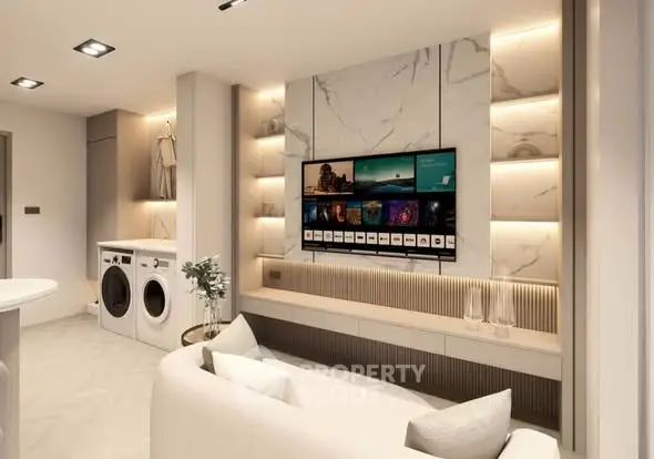 Modern living room with built-in TV, washing machine, and elegant lighting