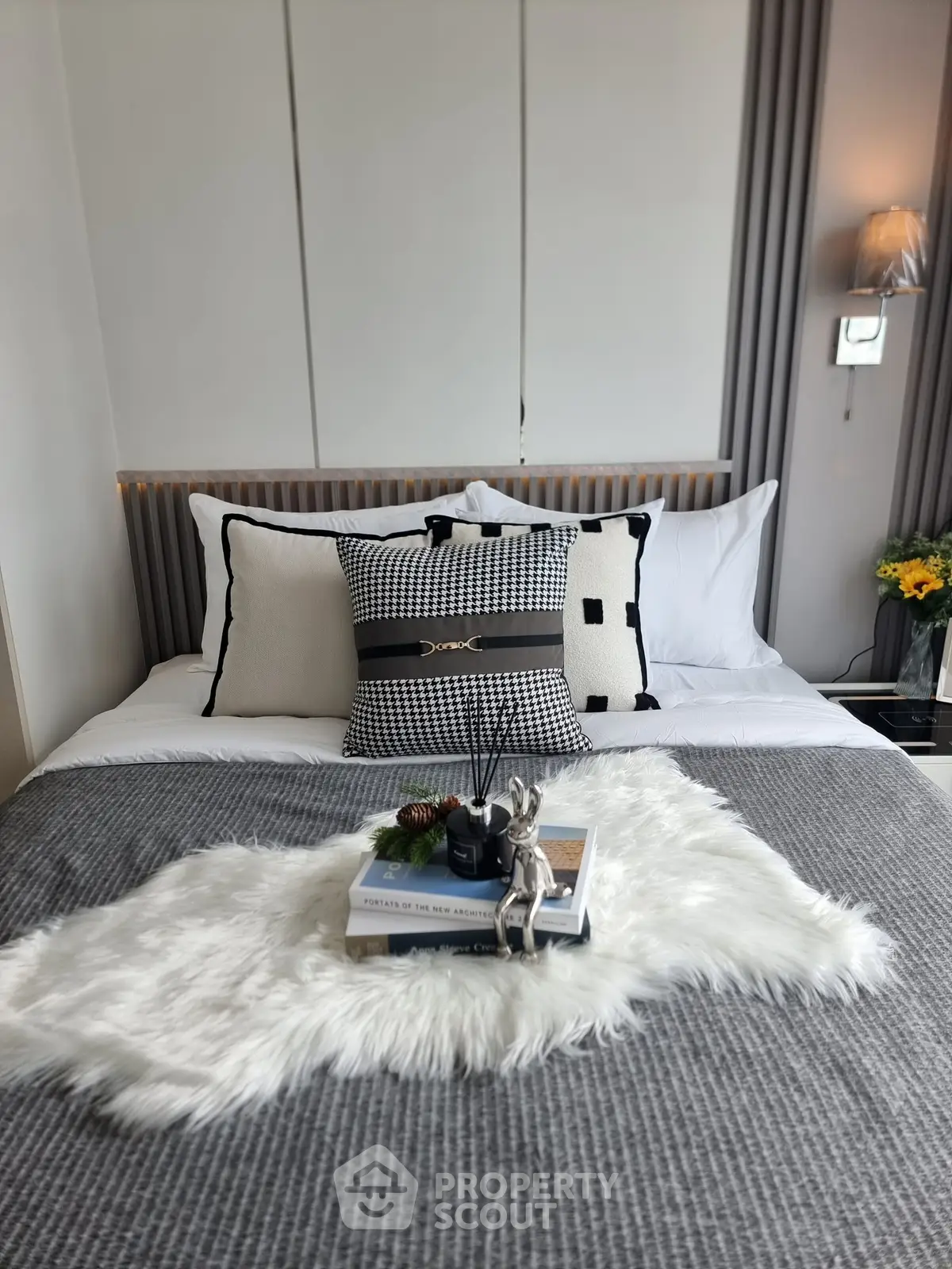 Luxurious bedroom with stylish decor and plush bedding