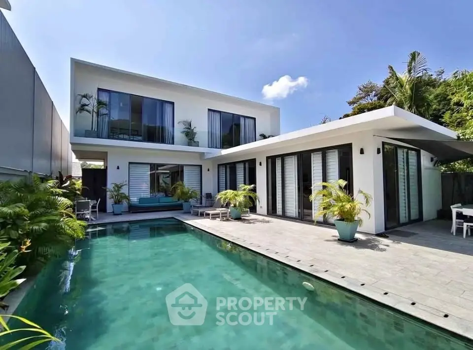 Luxurious modern villa with private pool and lush greenery, perfect for serene living.