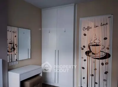 Cozy bedroom corner with wardrobe and coffee-themed decor