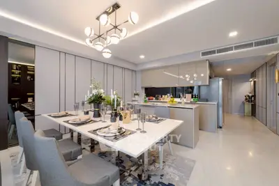 Luxurious modern kitchen and dining area with elegant decor and lighting
