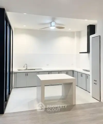 Modern kitchen with sleek white cabinetry and central island, featuring a ceiling fan and ample natural light.