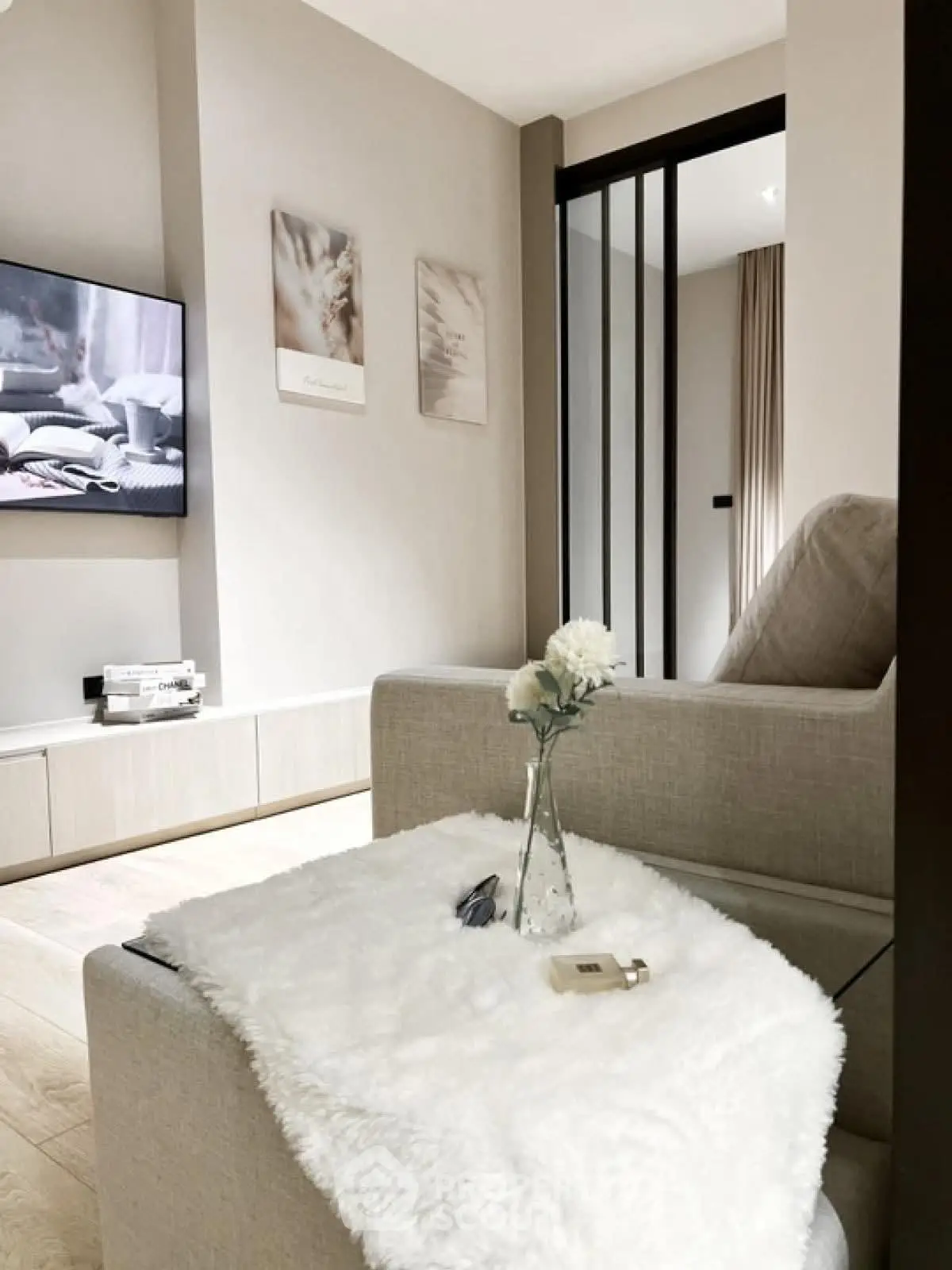 Modern living room with cozy decor and stylish furniture