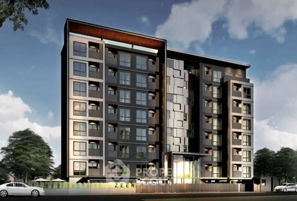 Modern architectural design of a multi-story residential building with sleek facade and large windows.