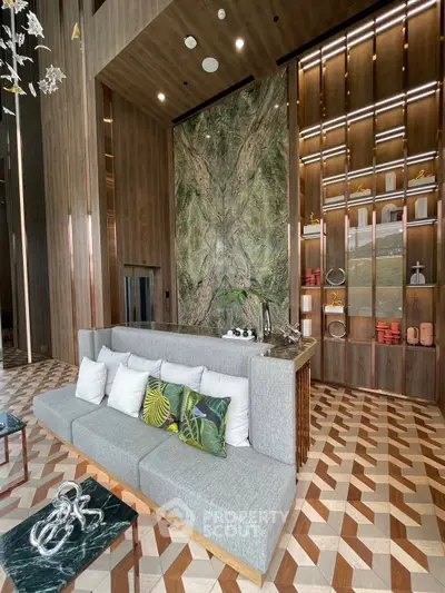 Luxurious modern living room with elegant decor and high ceilings