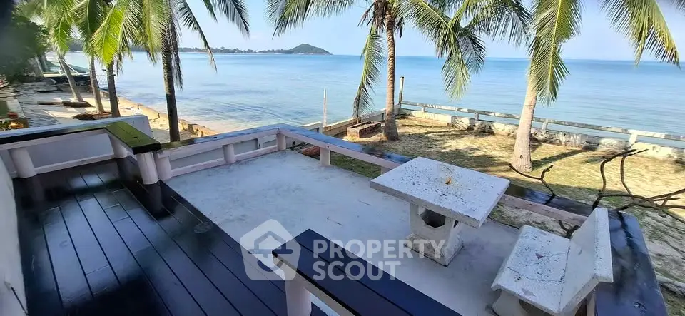 Stunning beachfront terrace with ocean view and palm trees, perfect for relaxation.