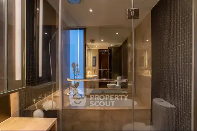 Luxurious modern bathroom with elegant design and bathtub in high-end real estate property.